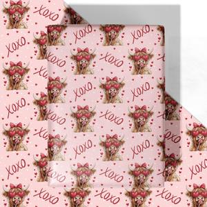 3 x WRAPLULU Valentine's Day Wrapping Paper - 4 Jumbo Sheets, 28 * 40 Inches - Pink Gift Wrap with Cute Highland Cow, Hearts, Bow, Candy and 'XOXO', Perfect for Valentines Couples Girlfriend Boyfriend