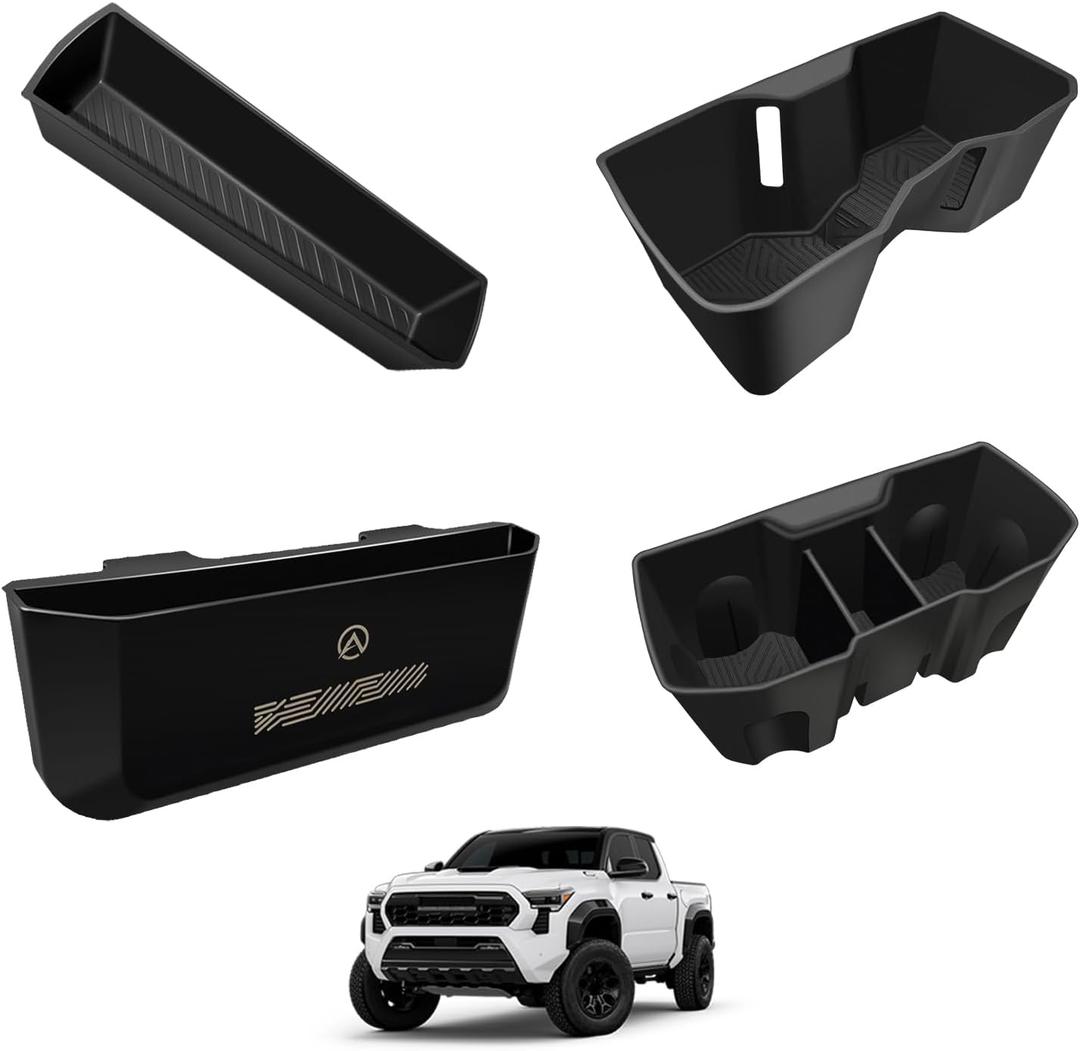 Muslogy Center Console Organizer for 2024 2025 2026 Toyota Tacoma Accessories Middle Console Silicone Insert Beside Handbrake & Cup Holder Inserts 2PCS & Passenger Side Hanging Box (B Style)