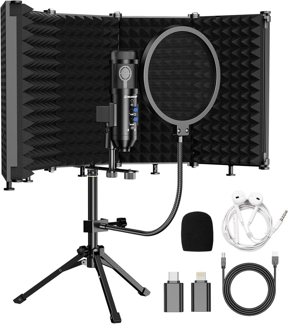 Upgraded Studio Recording Microphone with Isolation Shield & Pop Filter - Music Condenser Mic for Podcasting, Singing, Home Studio - Sound for PC, Laptop, Smartphone (Black)