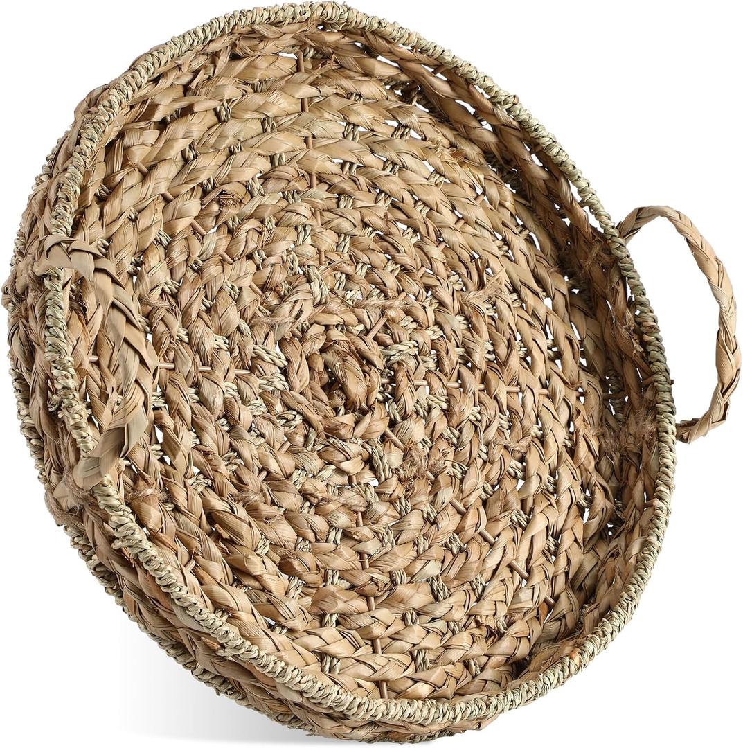 Thyle Large 16 Inch Round Woven Serving Tray with Handles Oversized Wicker Tray Decorative Wicker Basket for Table Decor Coffee Fruit Bread Storage and Display