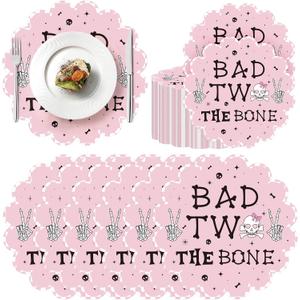 100 Pcs Bad Two The Bone Christmas Party Decorations Girl, Pink Scalloped Skeleton Paper Placemats Bad to The Bone 2nd Birthday Decorations Party Supplies Disposable Placemats Set for Girls Birthday