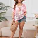 Alsol Lamesa Women's Plus Size Crochet Tops Short Sleeve Hollow Out Loose Scoop Neck Beach Crochet Cover Up (Pink, XXXL)