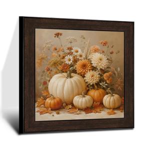 Puyfsdhg Fall Orange White Pumpkin Floral Wall Art Framed Rustic Farmhouse Autumn Pumpkin Botanical Canvas Prints Artwork, Thanksgiving Oil Paintings Wall Decor for Home Bedroom Room 20x20 Inch