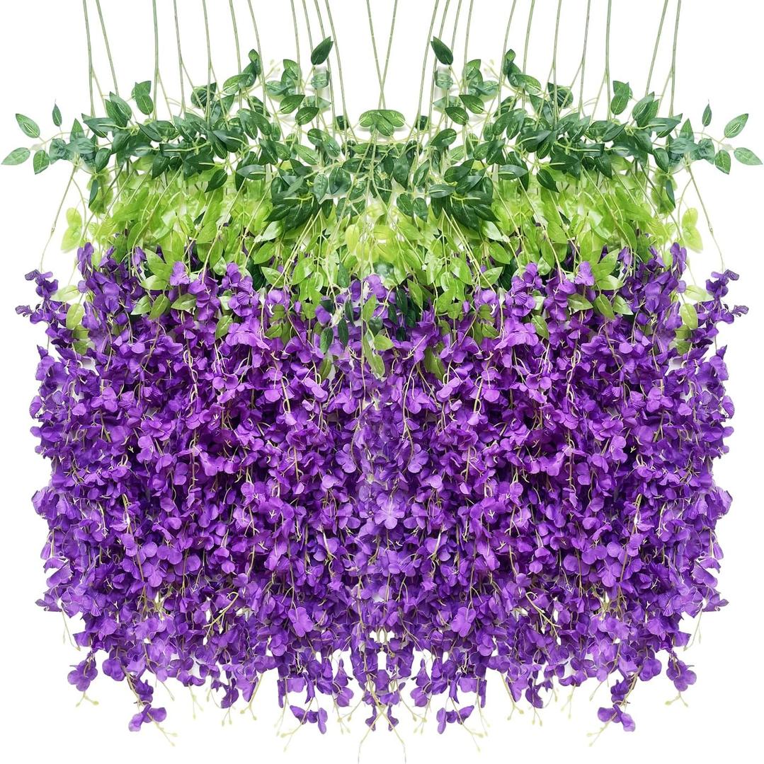 Artificial Flowers Hanging Flowers, Fake Garland Silk Vines Rattan String Decor for Home Wedding Arch Wall Garden Greenery Bedroom Outdoor Office Party Decoration (12, Purple)