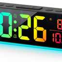 Digital Clock, Alarm Clock for Bedroom, Digital Wall Clocks for Classroom, Living Room Decor, Desk Clock Large Display, 13 Number Display Colors, 12 Ambient Light Colors, Auto Dimming, DST (Black)