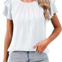 SimpleFun Womens Blouses Dressy Casual Work Tops Ruffle Short Sleeve Crew Neck Pleated Summer Shirts (White, L)