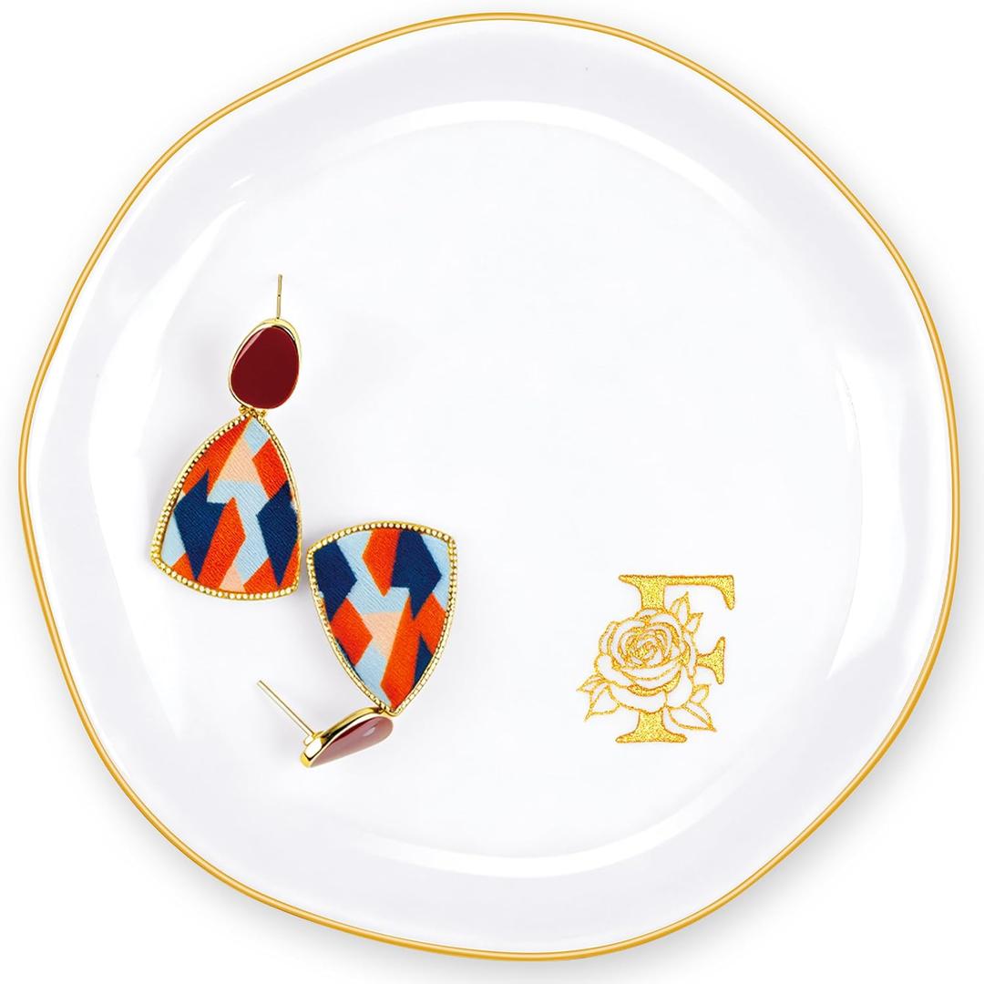 PUDDING CABIN Ceramic Initials Ring Dish Jewelry Tray Gifts for Mom Sister Friends, 4.3inch (F)