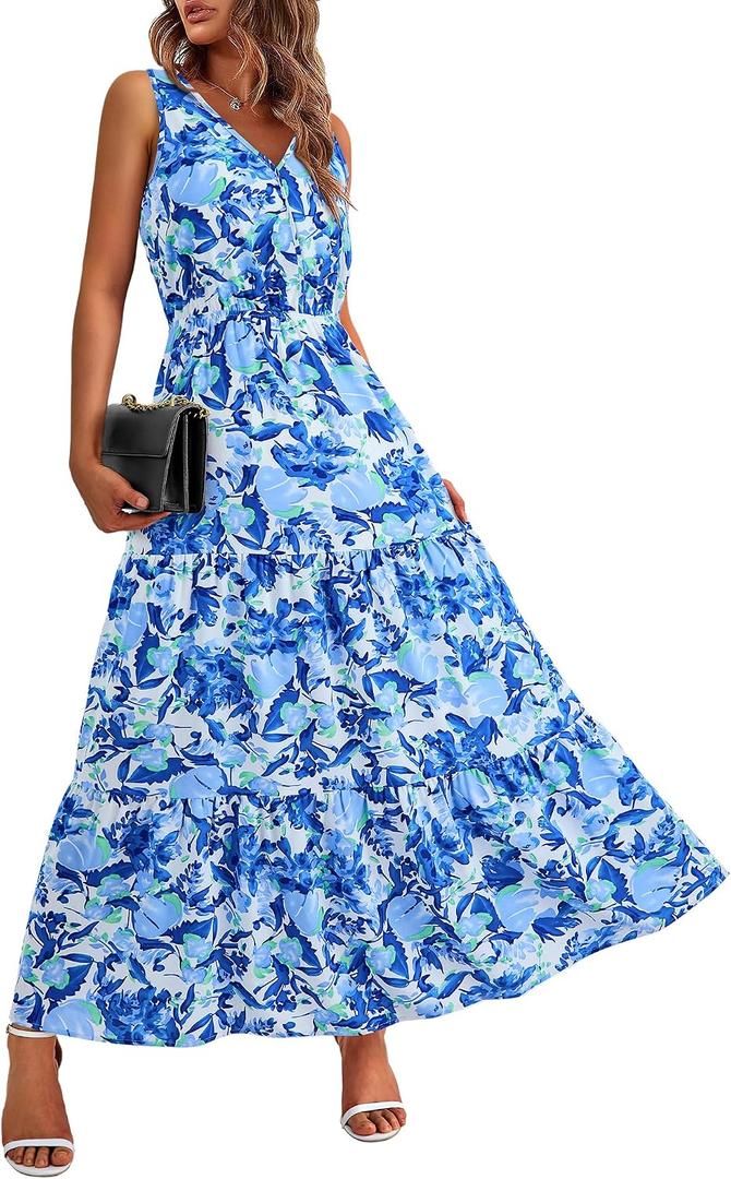 BTFBM Women Summer Dresses Casual Sleeveless Floral Maxi Dresses (S)