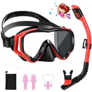 Kids Snorkel Set(4-16 Years),180°Panoramic View Diving Mask With Tempered Glass Lenses,Anti-fog and Anti-leak Children's Diving Goggles,Adjustable Silicone Strap,Includes Earplug and Nose Clip