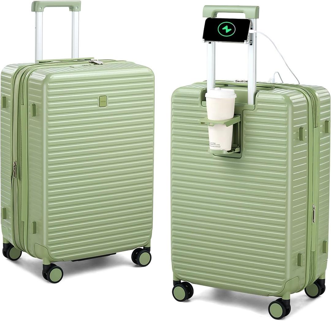 HanTrip Hard Shell 20 Inch Carry on Luggage Expandable Travel Luggage, TSA Approved Luggage with Cup Holder Charger Built in, Lightweight Small Suitcases with Wheels, Bamboo Green