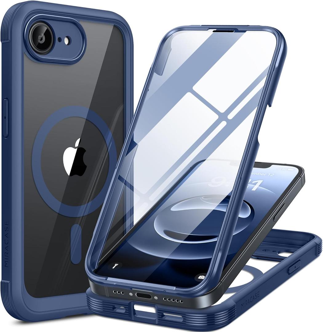 Miracase for iPhone 17e Case & iPhone 16e Case, Full-Body Phone with Built-in Glass Screen Protector, [Magnetic with MagSafe] Military Drop Proof 17 E/ 16 E Cover Bumper 6.1 inch, Blue