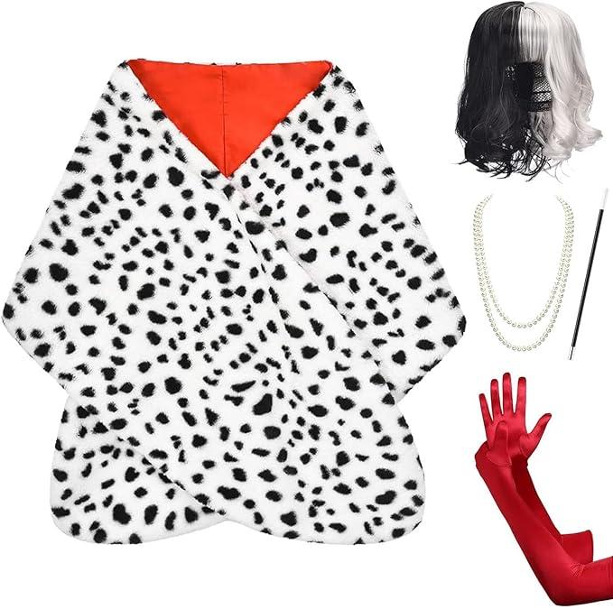 Halloween Costume Women 2025- Dalmatian Shawl, Red Gloves, Necklace and Wig Cap Accessories for Adult (Short Wig) Halloween Costume Women 2025- Dalmatian Shawl, Red Gloves, Necklace and Wig Cap Accessories for Adult (Short Wig)