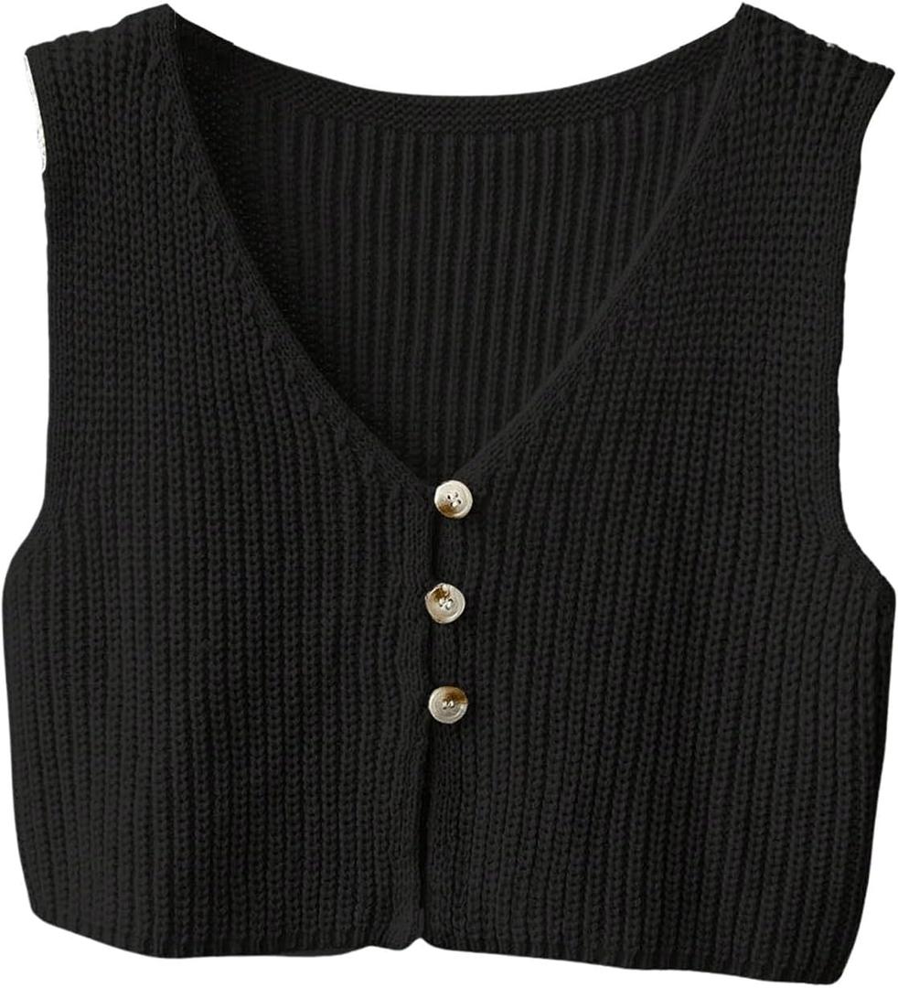 SweatyRocks Women's Button Front Sweater Vest Split V Neck Sleeveless Crop Knit Tops (Medium, Black)