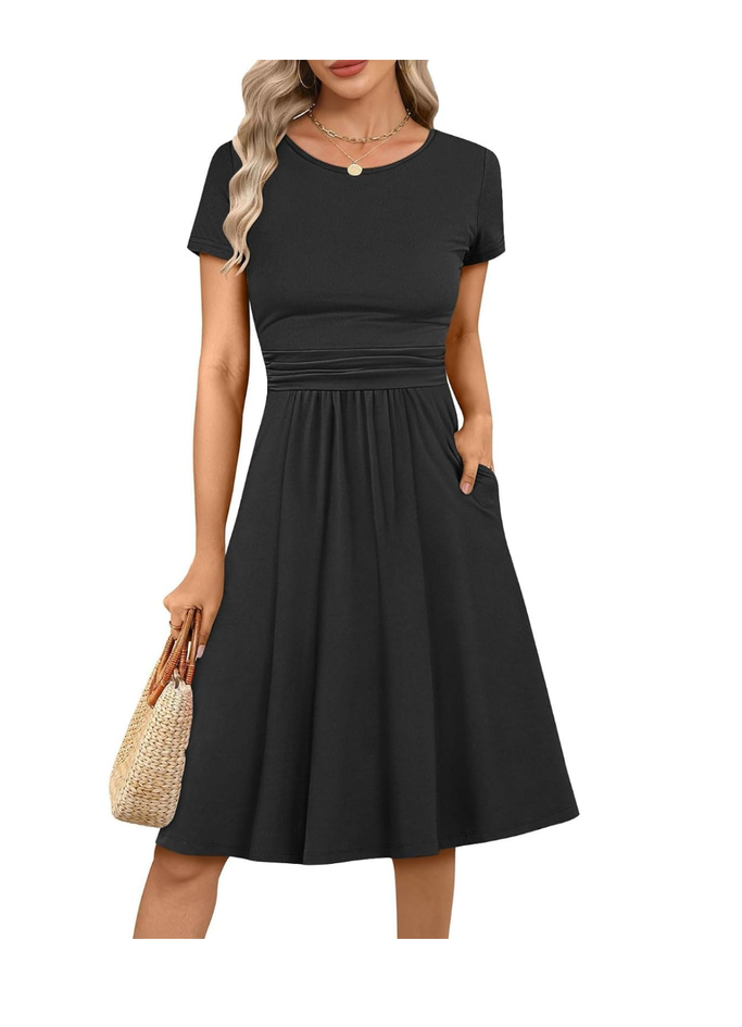 Prinbara Summer Dresses for Women 2025 Casual Fashion Short Sleeve Round Neck Pleated Dress Loose Comfort Flowy Dresses, Large, Black 