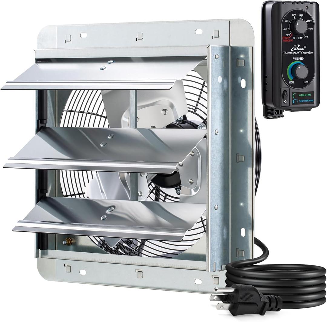 iLIVING 12" Wall Mounted Shutter Exhaust Fan, Automatic Shutter, with Thermostat and Variable Speed controller, 0.6A, 960 CFM, 1400 SQF Coverage Area Silver (ILG8SF12V-ST)