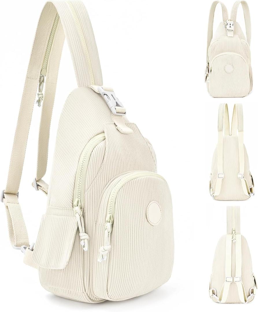 Corduroy Crossbody Sling Bag for Women, Cross Body Sling Chest Bag for Shopping Hiking with Dual Purpose Strap (Beige)