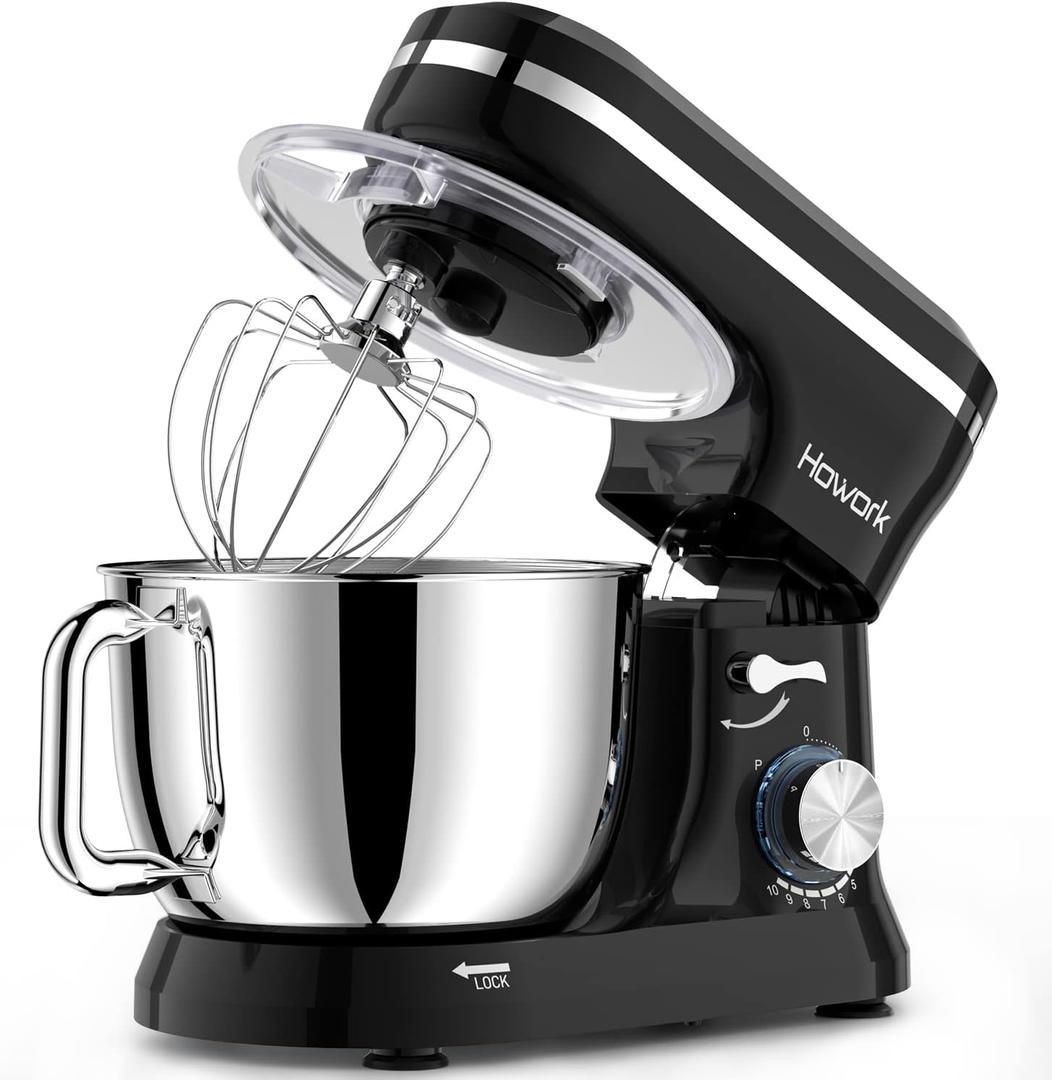 HOWORK Electric Stand Mixer, 10+p Speeds Kitchen Mixers With 6.5QT Stainless Steel Bowl, Dough Hook, Wire Whip & Beater for Most Home Cooks (Black)