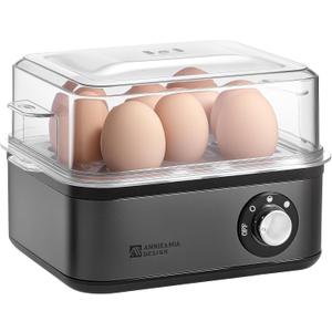 Annie & Mia Design Stainless Steel Electric Rapid Egg Cooker, 8 Egg Capacity 500W, Soft/Medium/Hard Boiled Egg Boiler Poacher Steamer Omelet Maker, Knob Auto Shut-Off, with Recipe Guide Book (Black)