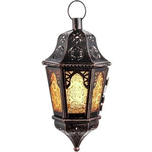 DECORKEY Moroccan Lantern Decorative Indoor & Outdoor, 13.6 Vintage Decorative Hanging Lanterns with Chian for Home Porch Patio Decor, Metal Ramadan Christmas Candle Holder Decorations (Amber)