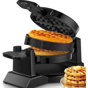 FOHERE Double Waffle Maker, 1400W Rotating Belgian Waffle Iron with Nonstick Plates, 180 Flip, 8 Slices, Removable Drip Tray for Easy Cleaning, Locking Lid, Cool Touch Handle, Space Saving (Black)