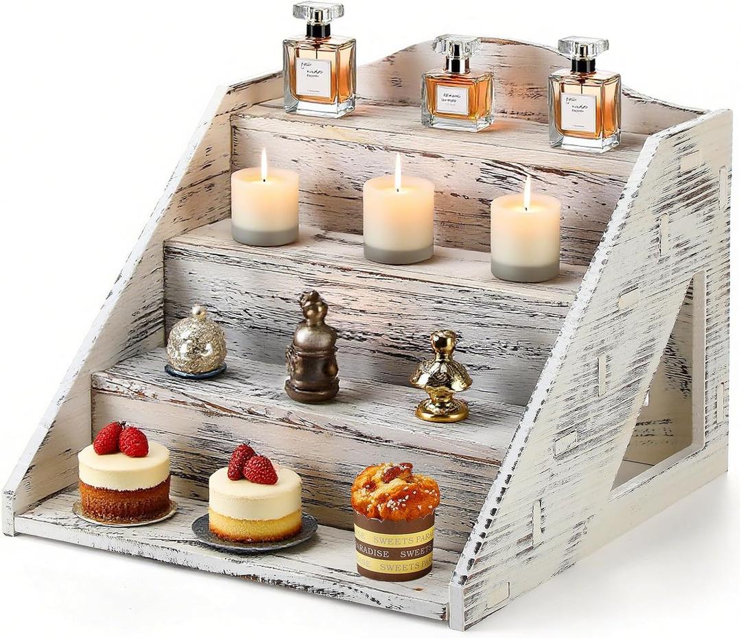Jetec 4 Tier Wood Cupcake Display Stands Retail Wooden Craft Fair Display Riser Rustic Dessert Holder Rack Soap Stand for Craft Show Baby Shower Cupcakes Candy Wedding Party(Retro White)