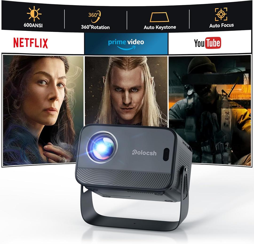360Adjustable Stand & Auto Focus Polocsh 4K Projector with WiFi and Bluetooth, 600 ANSI & Auto Keystone Portable Projector, Native 1080P Outdoor Movie Projector for Phone TV Stick HDMI USB