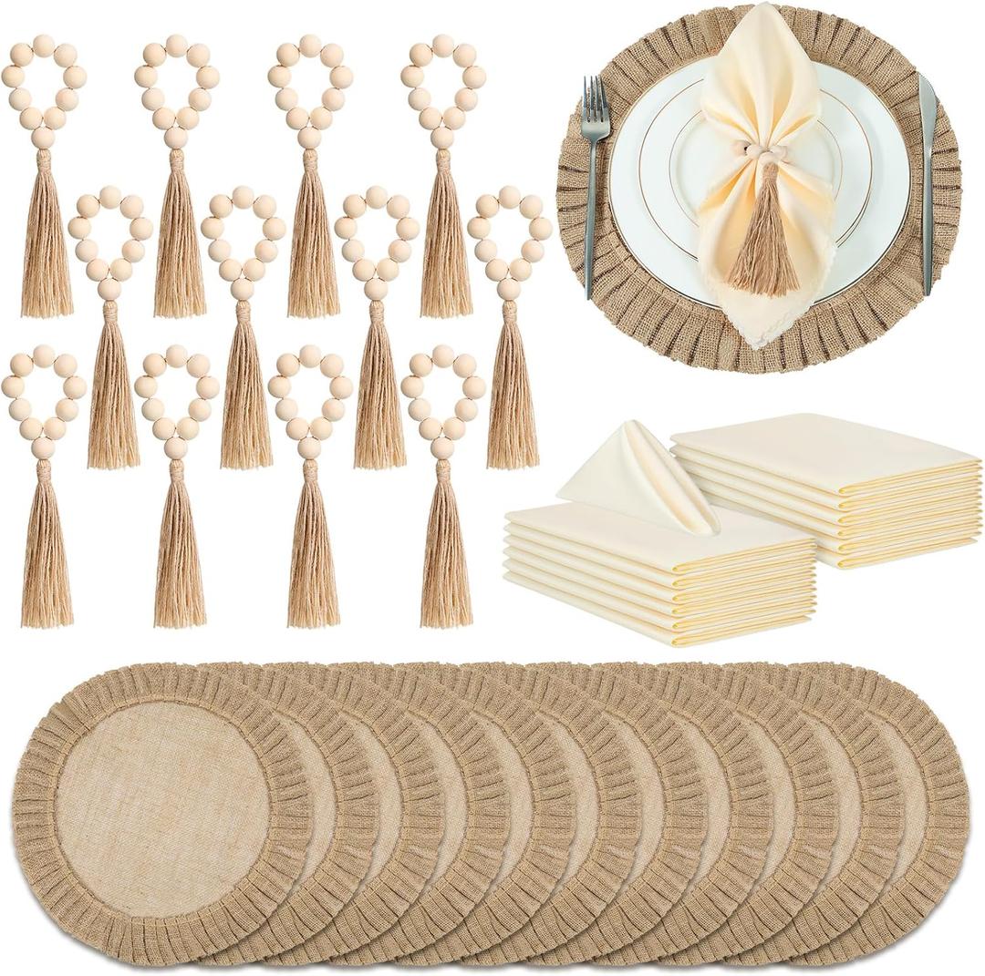 Gejoy Round Burlap Placemats Wood Bead Napkin Rings with Dinner Napkins Cloth, Jute Heat Resistant Placemats Boho Wooden Rings for Plates Wedding Dining Table(36 Pcs)
