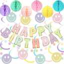 meowtastic Pastel Birthday Decorations - Macaron Happy Birthday Banner, Honeycomb Balls, Smiley Face Swirls Streamers, Circle Dots Decorations