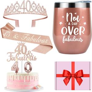 40th Birthday Decorations Gifts for Women Including Crown, Sash, Cake Topper, Candles and 12oz Wine Tumbler with Lid, 40th Birthday Gifts Women