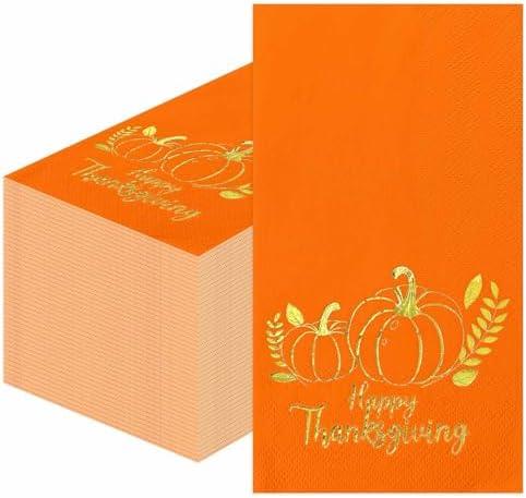 SietDESEO 25 Pieces 3-ply Thanksgiving Dinner Napkins 13 x 15.7 Inch Orange Guest Bathroom Napkins Disposable Hand Towels for Bathroom Kitchen Fall Party Decorations Gold Foil Pumpkin Napkin