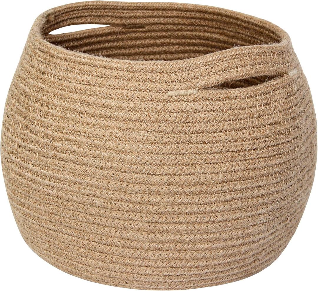 MEGASKET Decorative Wicker Storage Basket, 11" x 9" Indoor Plant Basket for Home Decor, Round Woven Dog Cat Toy Bin with Handle, Bathroom Towel Storage, Jute Planter Holder, Shelf Closet Organizer