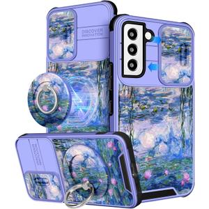 Buleens for Samsung Galaxy S22 Case - with Ring Stand & Camera Cover Aesthetic Cute Designed Women Girls Girly Pretty Blue Water Lily for Galaxy S22 Phone Case Compatible with Magsafe 6.1"