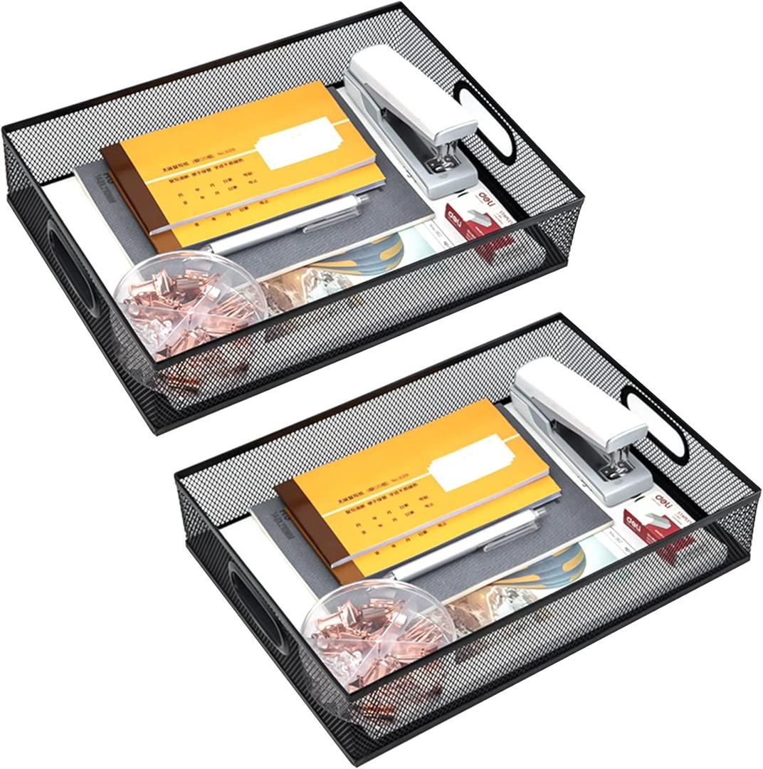 2Pcs Desk Drawer Organizer, Stable Metal Mesh Desk Storage Tray, Versatile Storage Box Set for Office Home Supplies,13 x 9 inches