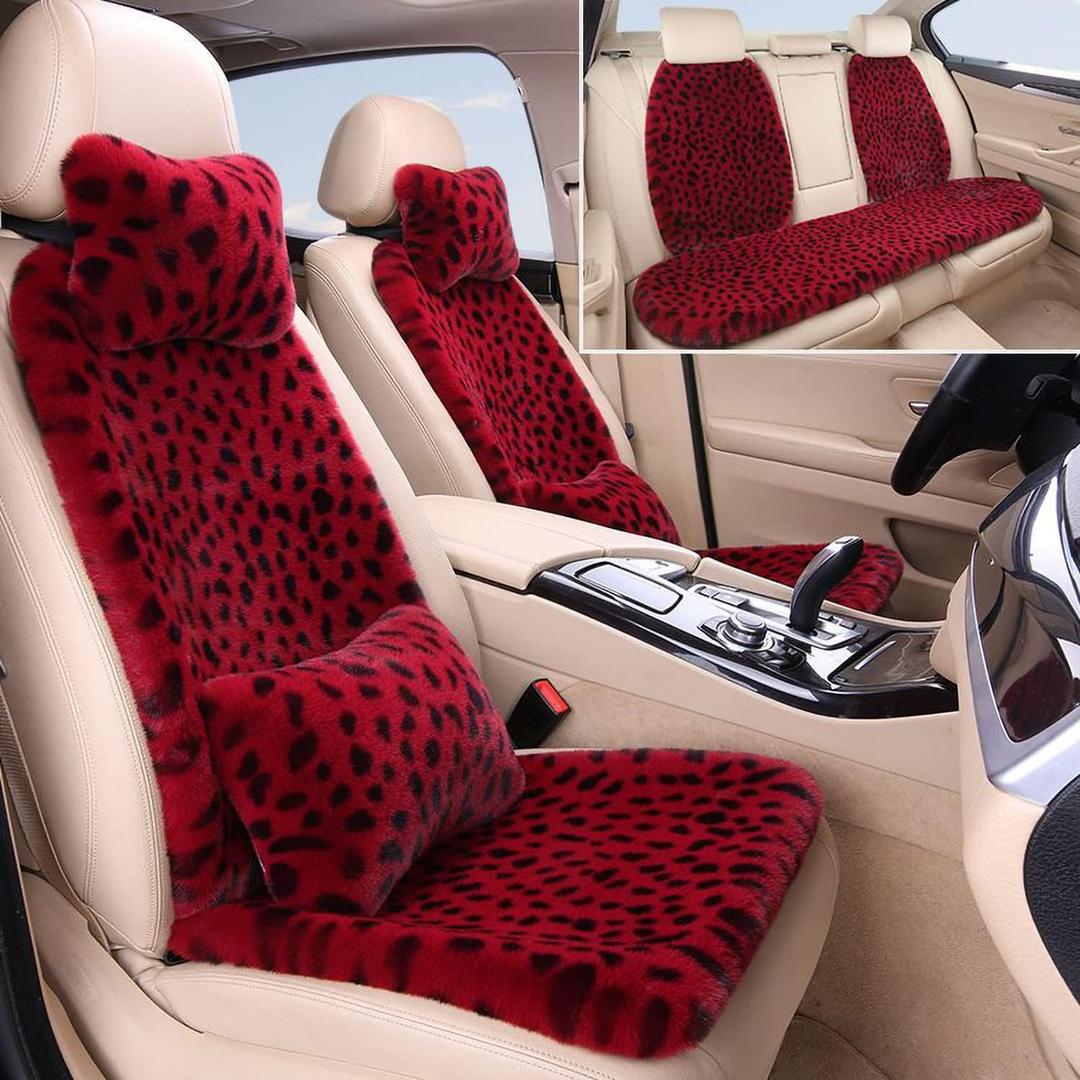 Fluffy Leopard Faux Rabbit Fur Seat Covers for Cars - Universal Fit, Full Set -Red Leopard, Front