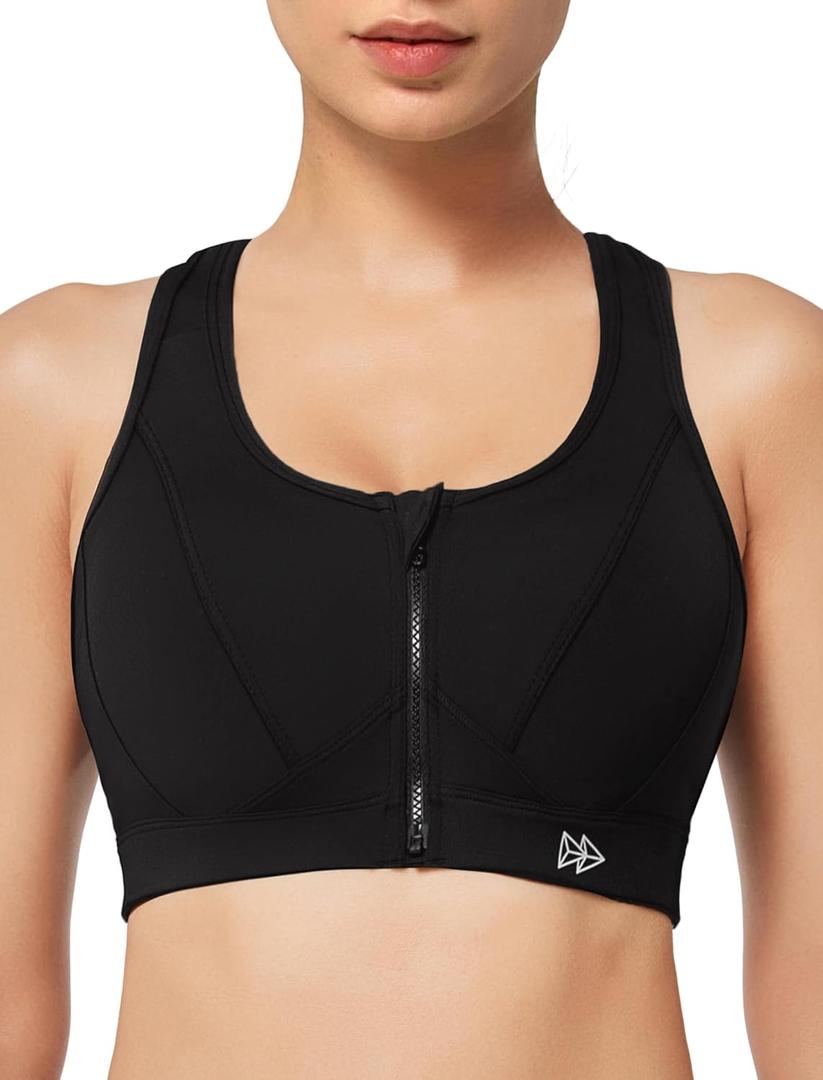 Yvette Zip Front Sports Bra - High Impact Sports Bras for Women Plus Size Workout Fitness Running (XX-Large, Black)