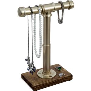 MyGift Modern Brass-Tone Metal Jewelry Display Stand with Industrial Pipe Adjustable Height T-Bar Necklace Bracelet Hanging Organizer Rack with Rustic Burnt Wood Base