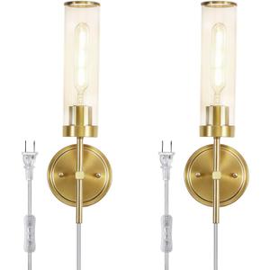 Plug in Wall Sconces Set of Two, Modern Wall Light Plug-in or Hardwired, with Clear Glass Shade, Gold Wall Lamp for Living Room, Bedroom, Bedside, Hallway