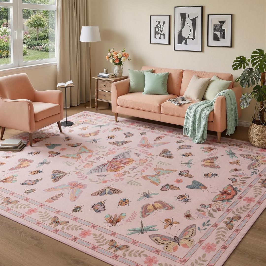 Unirea 5x7 Pink Living Room Bedroom Area Rug, Large Washable Non Slip Rug for Dining Room Under Table, Kids Room, Home Office, Thin Soft Boho Stain Resistant Insect Bug Rug, Low Pile Carpet