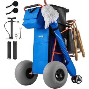 VEVOR Beach Cart with Large Wheels for Sand, 165 lbs Load Capacity, Heavy Duty Folding Beach Wagon with 12" Balloon Wheels, Insulated Cooler Bag, Umbrella Holder, Holds 4 Chairs for Camping & Fishing