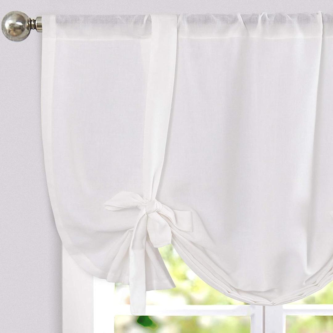 jinchan Farmhouse Linen Curtains for Kitchen & Living Room - 45 Inch, Small Window, White, Rustic, Adjustable Tie-up, Light Filtering, Rod Pocket Drapes