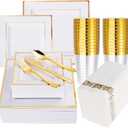 N9R 50 Guest Gold Dinnerware Set-100 White Square Plastic Plates with Gold Rim, 50 forks, 50 Spoons, 50 Knives, 50 Cups, 50 Napkins-Disposable Dinnerware Set for Wedding