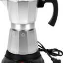 Silver Aluminum Electric Moka Pot, 6 Cups Espresso Maker with Dose Reduction Plate