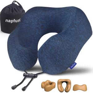 napfun Neck Pillow for Traveling, Upgraded Travel Neck Pillow for Airplane 100% Pure Memory Foam Travel Pillow for Flight Headrest Sleep, Portable Plane Accessories, Blue