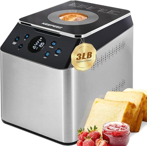 3LB Larger & 20-in-1 Ultra Quiet Bread Maker Machine, 850W Die-Cast Ceramic Pan Bread Machine with Dual Heaters, Stainless steel Breadmaker with Auto Fruit Dispenser & 2 Custom Menus,Extra 2 Paddles