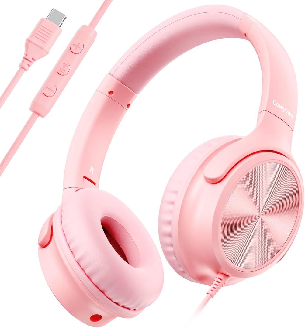 USB C Headphones Wired, Over Ear USB C Wired Headphones with Microphone, Volume Control, HD Stereo Sound, Foldable USB Type C Headphone for Adult/Teens/Laptop/Computer/iPhone 15/16/17, Pink