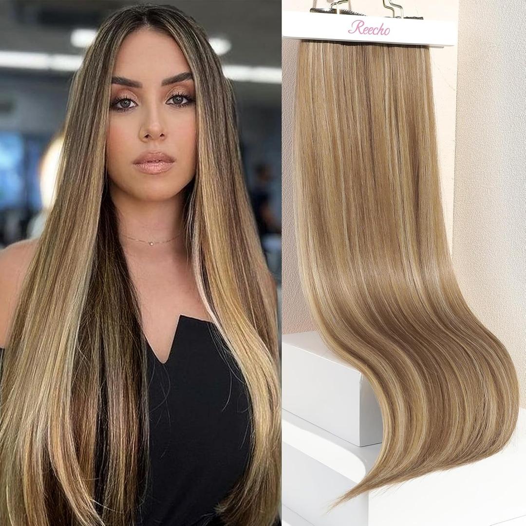 REECHO Clip in Hair Extensions, Hair Extensions Thick Long Lace Weft Lightweight Synthetic Hairpieces for Women (24 Inch-240 Gram(Pack of 5), Dark Blonde with Light Blonde Highlights)