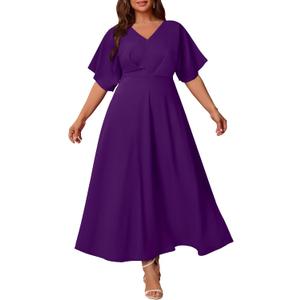 Nmoder Plus Size Maxi Dress for Women Wedding Guest Casual Wrap Summer Dresses A Line Flowy V Neck Short Sleeve (Purple) 4XL