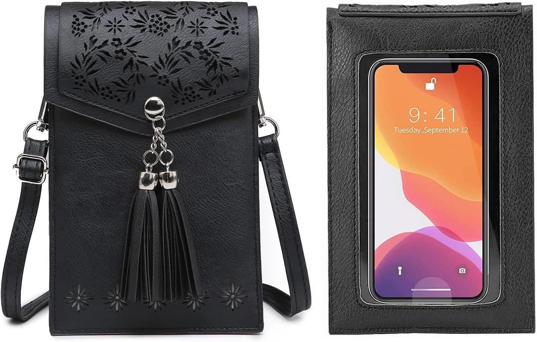 seOSTO Womens Small Crossbody Bag For Woman, Tassel Wallet PurseGifts For Teenage Girls (Black-touchscreen)