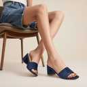 PIZZ ANNU Women's Square Open Toe Heels Sandals Low Block Chunky Heeled Sandal Slip on Mules Comfortable Casual Dress Pumps Shoes, Navy 8.5