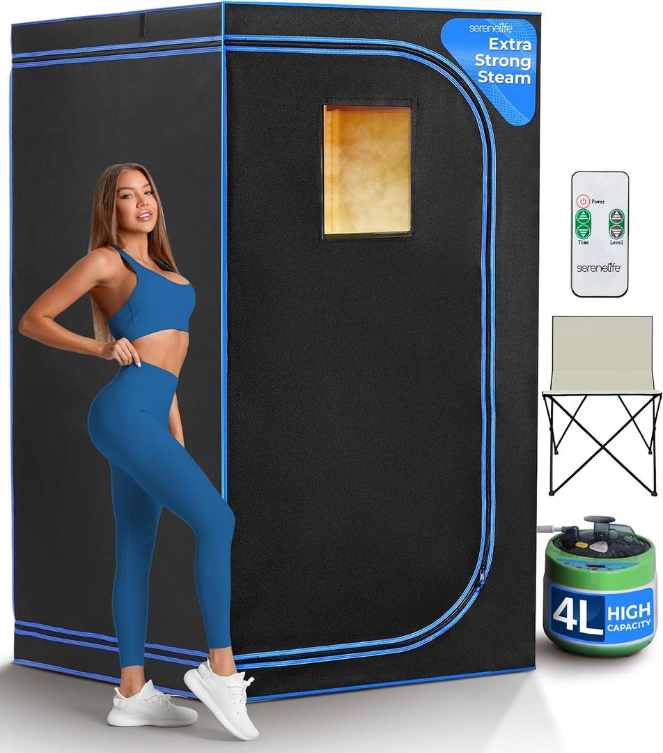 SereneLife Portable Sauna Box for Home, Steam Tent with Extra Large 4L Steamer - Includes Folding Chair, Remote Control w/ 9 Heat Levels for in-Home Spa - 2.9' x 2.9' x 5.9'